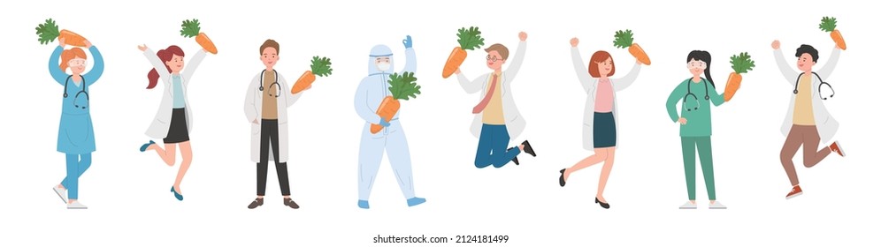 8 paramedic man or woman doctor or experimenter composition, medical worker with carrot, farm product cartoon vector