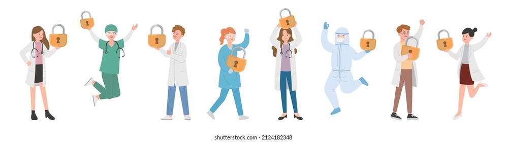 8 paramedic man or woman doctor or laboratory staff composition, medical worker with lock, security and encryption, cartoon vector