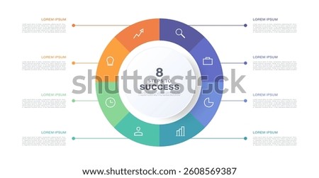8 Part Pie Chart Infographic Template With Thin Icons And Text