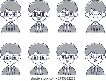8 patrones de expresiones masculinas en trajes con gafas, color único.