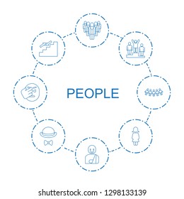 8 people icons. Trendy people icons white background. Included line icons such as group, man with broken arm, ranking, stairs, woman, hat and moustache. people icon for web and mobile.