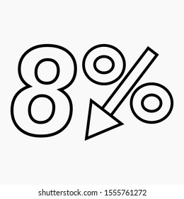 8 percent drop dark icon on a white background. Price drop. Interest rate reduction. Stock symbol. Discount. Markdown of goods. Bonus discount. Vector icon.