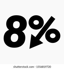 The 8 percent drop icon is dark. Price drop. Interest rate reduction. Stock symbol. Discount. Markdown of goods. Bonus discount. Vector icon.