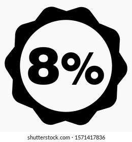 The 8 percent drop icon is dark. Price drop. Interest rate reduction. Stock symbol. Discount. Markdown of goods. Bonus discount. Vector icon.