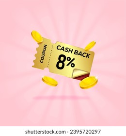 8 percent gift voucher with coupon Cash back. For business promotion sales and Discount online purchases. Tag label, sale banner with golden coin cash back. 