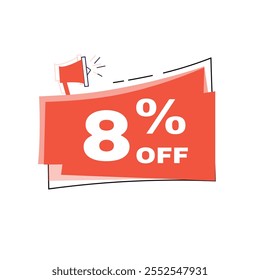 8 percent off banner announce label flat design graphic element. marketing sign white background isolated vector template.