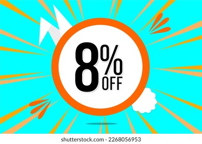 8 percent off. Blue banner with floating orange and white balloon for easter special offer and promotion.