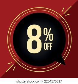 8% percent off discount for big sales. Black ballon on a red background