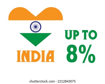 8% percentage India with Flag color vector art illustration with heart shape, font, green, orange and white color.