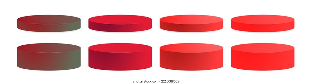 8 piece set of 3d rendered cylinder platforms in different shades of red gradient colors, isolated on white. Editable Vector Illustration. Perfect for red themed designs, Christmas, Valentine's Day