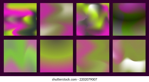 8 piece set of Abstract Neon and gradient poster artworks. Aesthetic colorful templates for designs. Cyber color and gradient concept. Editable Vector Illustration. Isolated on black background.