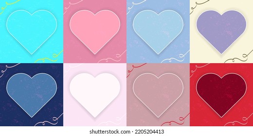 8 piece set of colorful and cute heart cover backgrounds with small curling ribbon elements. Editable Vector Illustrations. For designs, feeds, social media posts, invitations, covers, backdrops.