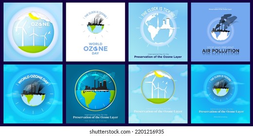 8 piece set of International day for the Preservation of the Ozone Layer Greeting Card Artworks. Air pollution and clean air concept. World Ozone Day Designs. Editable Vector Illustration. EPS 10.