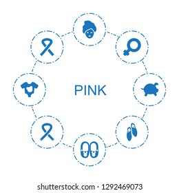 8 pink icons. Trendy pink icons white background. Included filled icons such as spa mask, baby shoes, woman, ribbon, ballet shoes, baby onesie, piggy bank. pink icon for web and mobile.