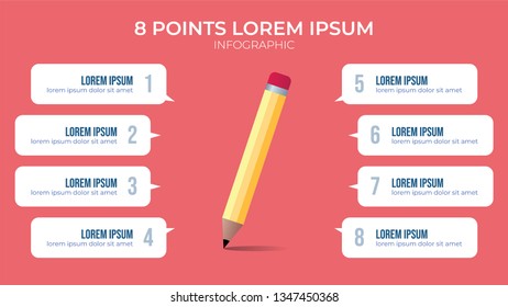 8 point infographic element vector with pencil illustration. can be used for describing writing idea, studying step, proccess, etc.