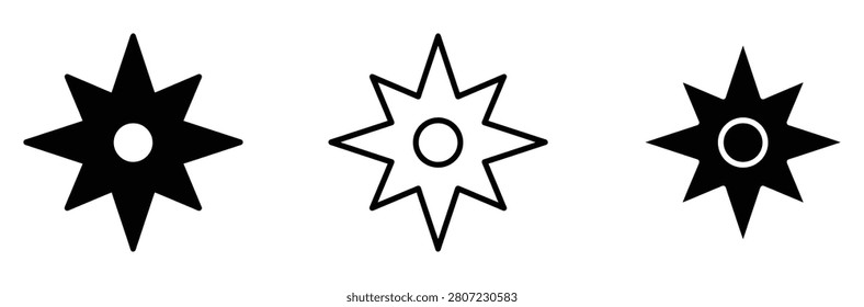 8 point star icon set. Sparkle twinkle symbol, compass rose navigation, ninja shuriken weapon line and glyph vector sign for award success web UI design, mobile app interface. Vector illustration