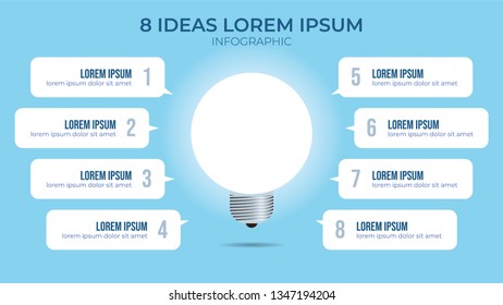 8 points of idea, infographic element vector with white lamp turns on illustration.