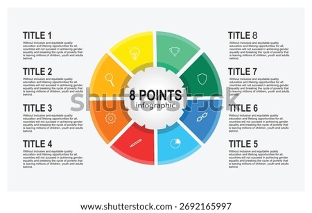 8 points Infographic concept. Bright eight segment infographic featuring a central hub and varied colorful sectors. 