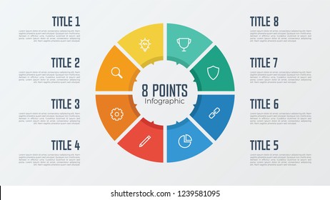 8 points, options, parts, processes, work flowsteps, steps infographic element circle shaped vector. business presentation template.