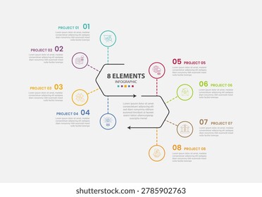 8 points template infographic outline style with 8 point stage or step template with upside down hexagon base open container with circle dotted line for slide presentation vector