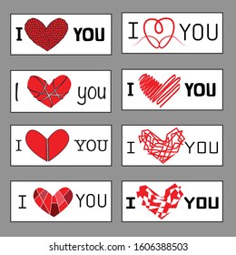 8 Printable Bookmarks Perfect for the Book Lover! Valentine's day cards set vector. Heart I Love You Icon