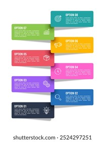 8 process vertical infographic colorful label design. Business presentation, list, banner, brochure, strategy and planning. Vector illustration.