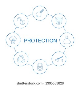 8 protection icons. Trendy protection icons white background. Included line icons such as key, heart lock, shield, open lock, barrier, recycle. protection icon for web and mobile.