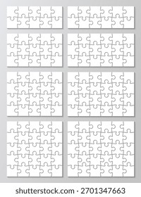 8 puzzles grid set. Infographics collection. Process jigsaw diagram presentation. Business chain infographic. Business info graphic with steps, parts. Vector illustration