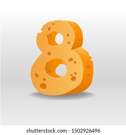 8. Realistic figure of cheese. 3D vector illustration. Numeral eight of cheesy font. Element for banner, poster, card, flyer design.