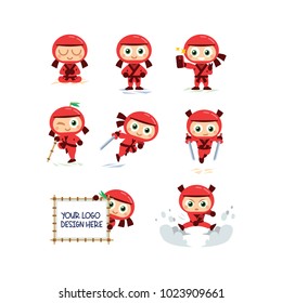 8 Red Ninja Mascot -  simple to edit, well layered (all ninja have his own layer) isolated object, 100% vector