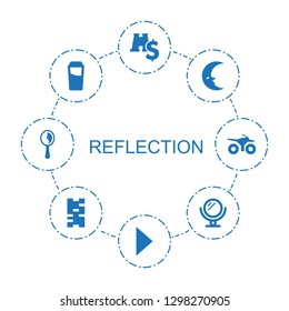 8 reflection icons. Trendy reflection icons white background. Included filled icons such as binoculars with dollar, play, sphere, drink, mirror. reflection icon for web and mobile.