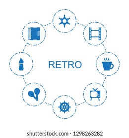 8 retro icons. Trendy retro icons white background. Included filled icons such as sheriff, helm, movie tape, harmonic, TV, maracas, brush, coffee. retro icon for web and mobile.