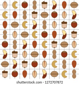 8 rows of various types of nuts against a background grid of lines