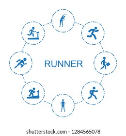 8 runner icons. Trendy runner icons white background. Included filled icons such as exercising, running, man on treadmill, courier. runner icon for web and mobile.