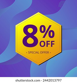 8% Sale and Discount Label. Eight percent Sale Discount label Geometric design. Abstract Blue and Yellow Hexagon. Vector illustration.