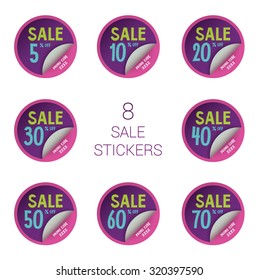 8 sale round stickers with discount and promo code for web site, for web banners. Eps10 vector