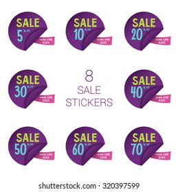 8 sale round stickers with discount and promo code for web site, for web banners. Eps10 vector