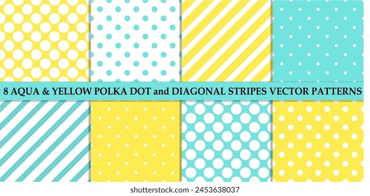 8 seamless aqua and yellow patterns polka dot and diagonal stripes patterns for textile paper creative art decor design 