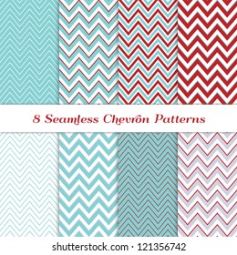 8 Seamless Chevron Patterns in Aqua Blue, Dark Red, White and Silver. Global colors - easy to change all patterns. Nice background for Scrapbook or Photo Collage. Modern Christmas Backgrounds.