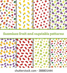 8 seamless cute patterns with fruits and vegetables. Vector illustration.