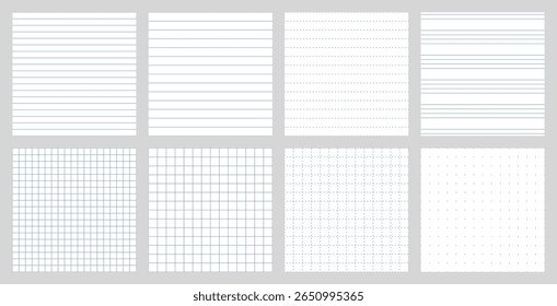 8 seamless notebook patterns with blue lines: narrow, wide, dashed, handwriting, small and large grid, dashed grid, dot. Ideal for study notes, school printables, and bullet journals.