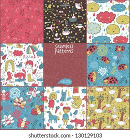 8 seamless patterns for children in vector. Can be used for childish wallpapers. Cute animals in cartoon style