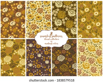 8 seamless patterns Floral collection in mustard colors. Vector graphics.