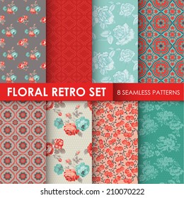 8 Seamless Patterns - Floral Retro Set - Texture For Wallpaper, Background, Scrapbook, Design - In Vector