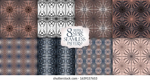 8 seamless patterns with geometric ornaments, vector backgrounds collection, calm beige,brown and gray colors