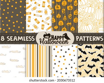 8 seamless patterns. Halloween - October 31. Hand-drawn doodle illustration. A traditional holiday, the eve of All Saints ' Day, All Hallows' Eve. Trick or treat. Happy Halloween 2021!