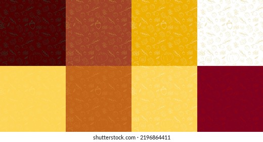 8 seamless repeating seasonal patterns. Set of Autumn hand-drawn patterns on assorted fall colors. Falling leaves, maple leaves, acorn, pumpkin. Fall pattern vector illustration. EPS 10.
