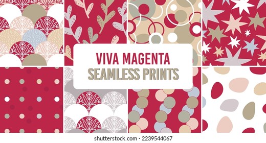 8 seamless vector backgrounds with popular trendy color of 2023 - Viva Magenta. Abstract patterns collection. Scrapbook swatches design. Wrapping or digital paper art. Decorative bundle with red.