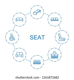 8 seat icons. Trendy seat icons white background. Included outline icons such as garden bench, chair, sofa, pergola, disabled, baby seat in car. seat icon for web and mobile.