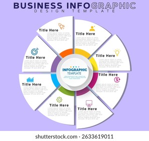 8 segment Circular Business Infographic Template with  Pie Slices, Bold Icons, 3D Layered Effect, Modern Design, Workflow Visualization, Editable Vector, Strategy, Marketing, Presentation
